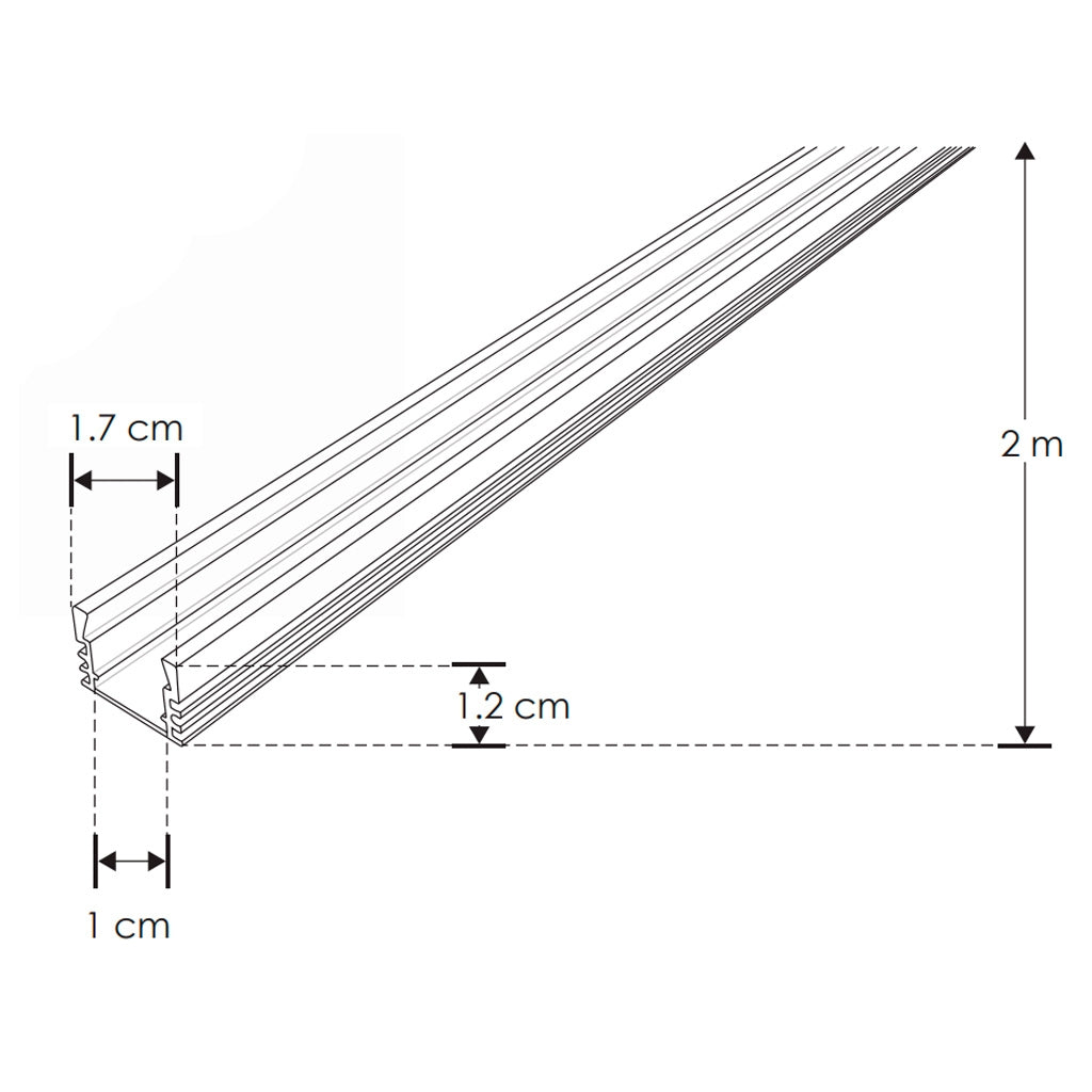 Kit perfil negro aluminio DXAP01NKIT. -L:2m A:1.7cm Al:1.2cm- para tira LED, incluye difusor, 2 tapas laterales y 2 grapas de sujeción de iLumileds