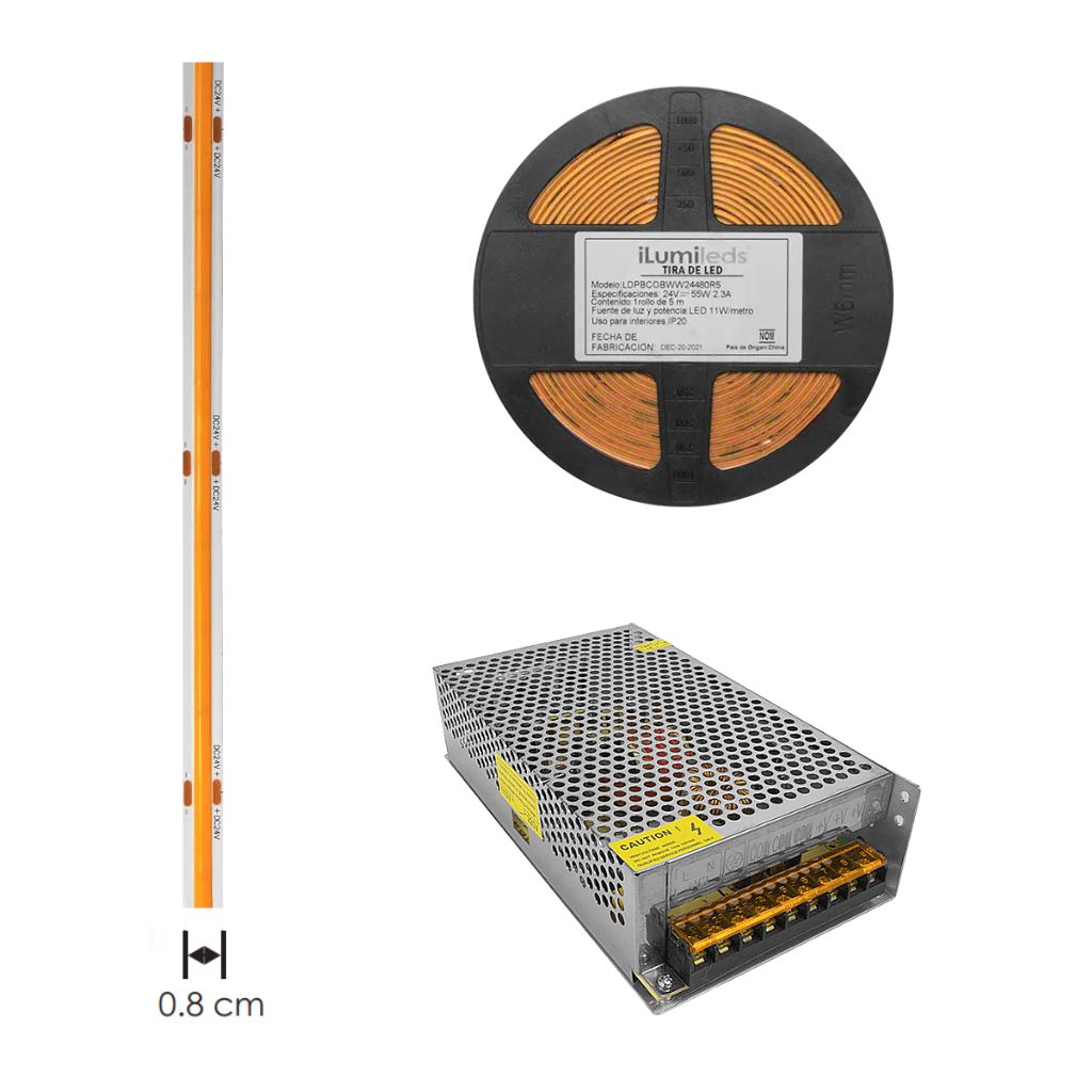 Kit 1pz Fuente de alimentación conmutada 150W (120W máx.), entrada 110-220V ca salida 24V cc, para interiores de iLumileds + 1pz Tira LED COB 12W/m 24V CRI:90 con 512 chips/m rollo 5m cálido (3000K), con auto adhesivo de iLumileds