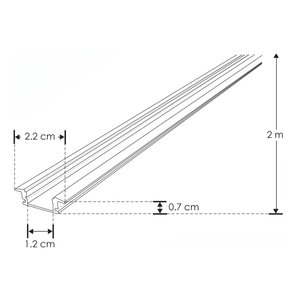 Kit perfil de aluminio con ceja DXAP06KIT. -L:2m A:1.75/2.4cm Al:0.7cm- incluye difusor, 2 tapas laterales y 2 grapas de sujeción de iLumileds