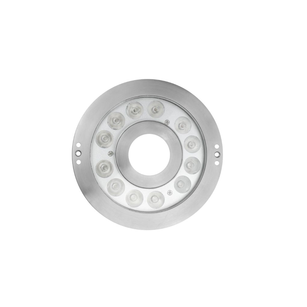 Luminario subacuático tipo dona RGB IP68 fabricado en acero inoxidable AISI 304 36W 40° 24V con housing incluido de iLumileds.