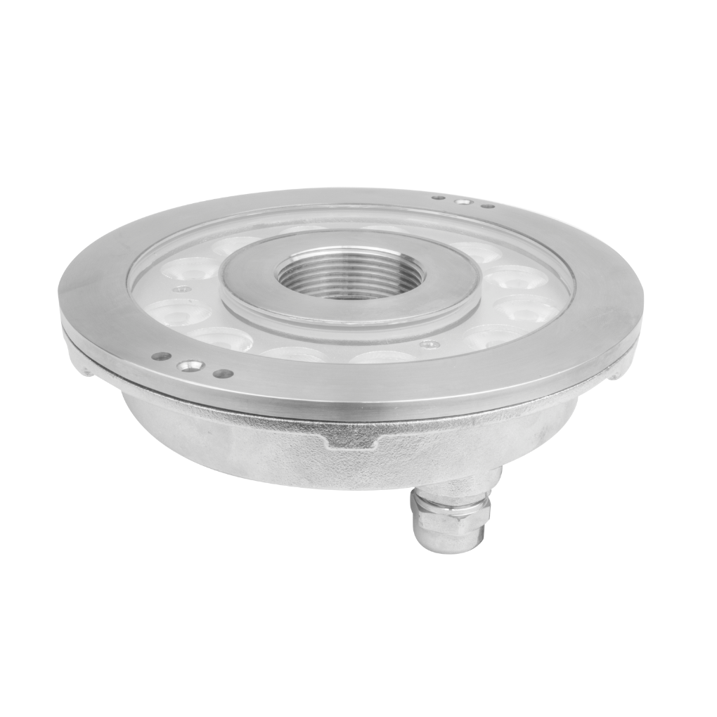 Luminario subacuático tipo dona RGB IP68 fabricado en acero inoxidable AISI 304 36W 40° 24V con housing incluido de iLumileds.