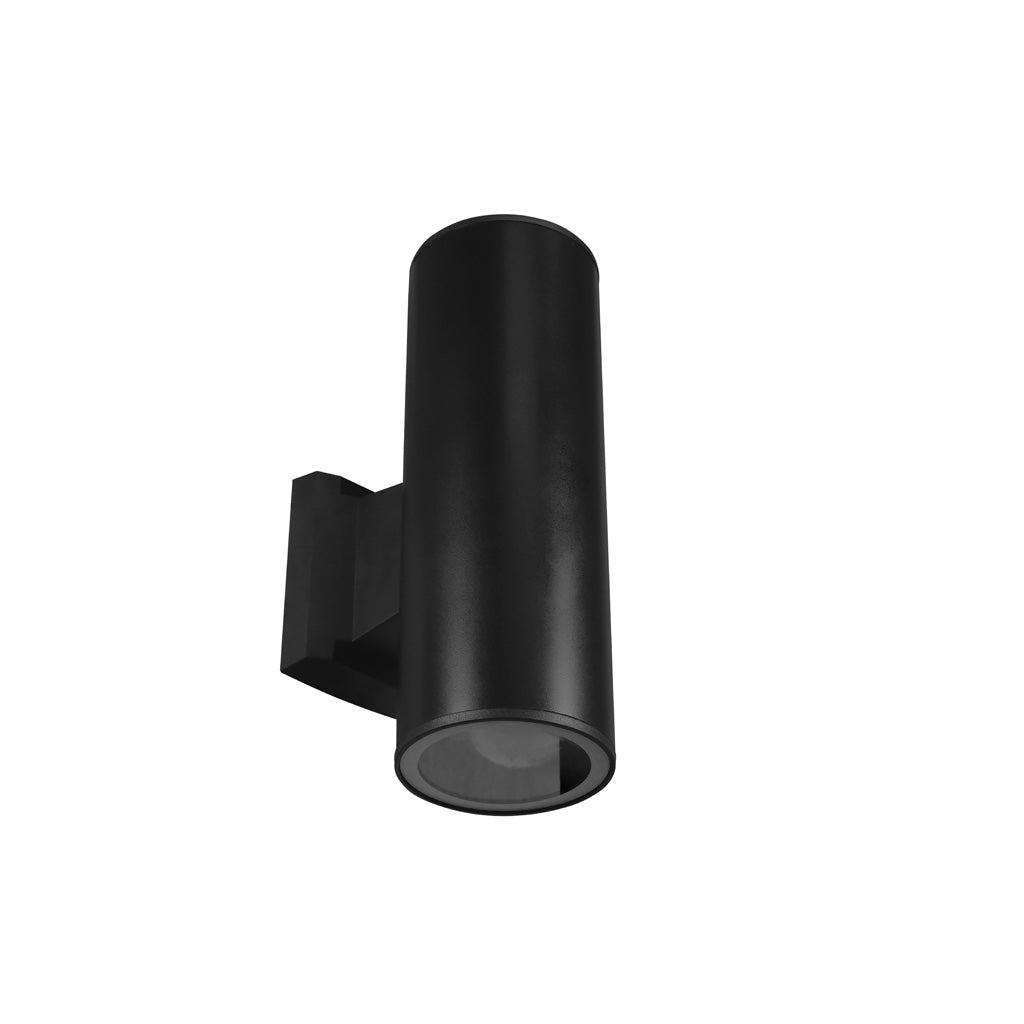 Luminario cilíndrico bidireccional de muro para 2 lámparas base E27, fabricado en aluminio acabado negro y cristal templado con protección IP54 de iLumileds
