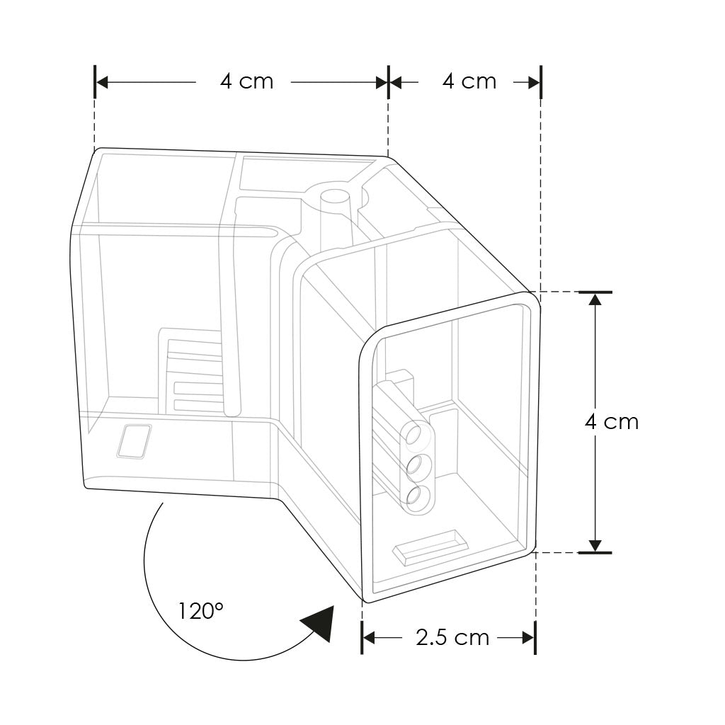 Cople en 120°, mecánico y electrificado, policarbonato transparente, para luminarios de la serie ILUINTWS, conexión horizontal de iLumileds