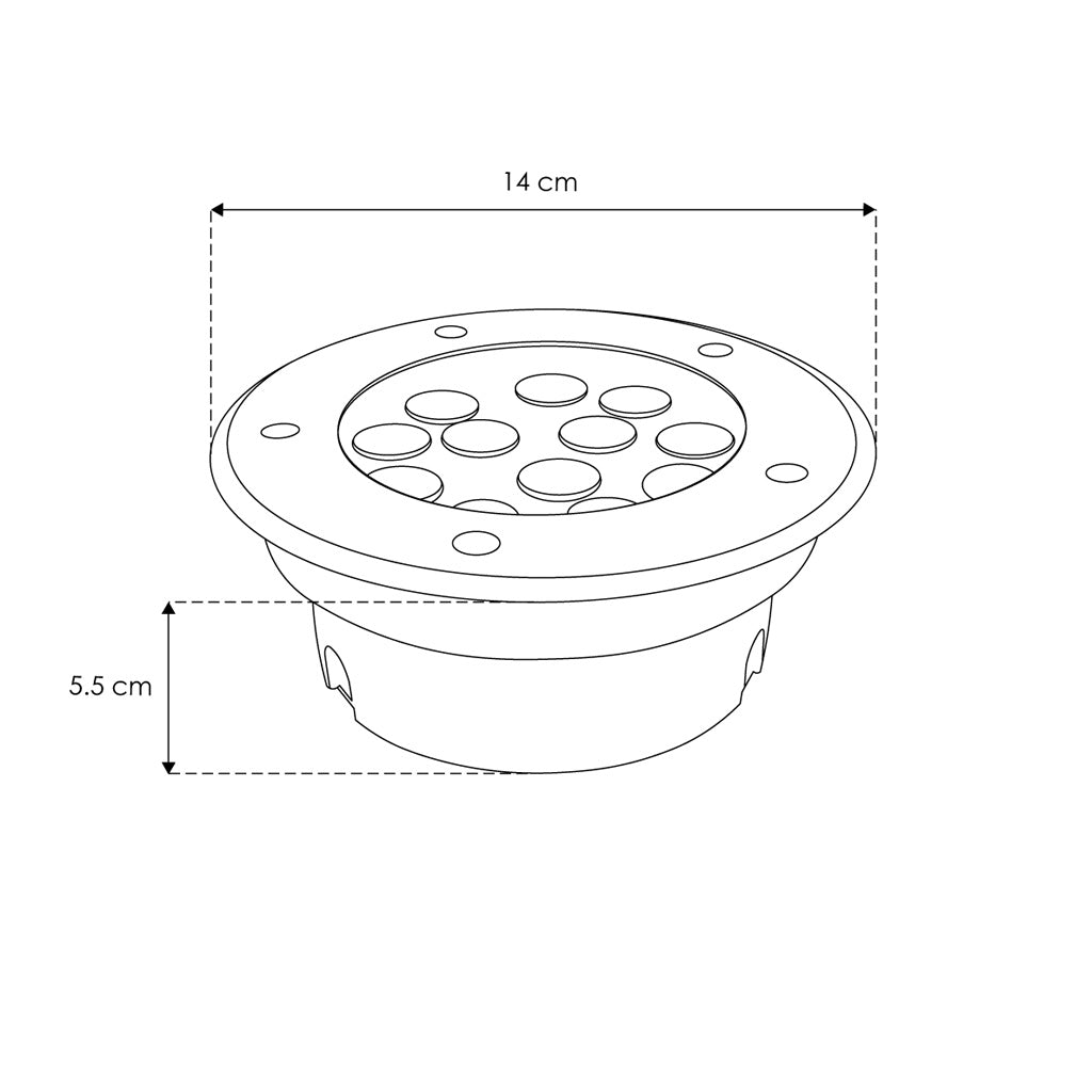 Luminario circular integrado 12W 45° luz cálida (3000K) para empotrar en piso, incluye housing de plástico de iLumileds
