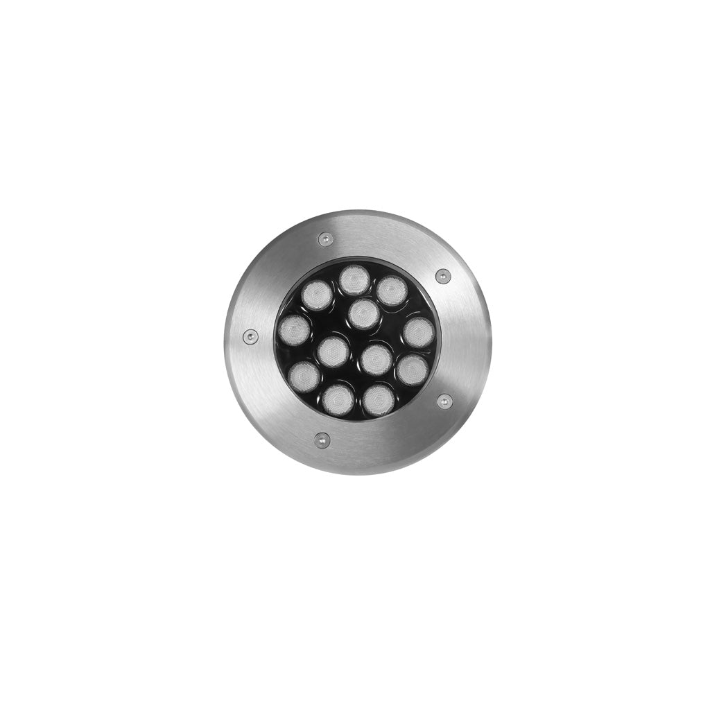 Luminario circular integrado 12W 45° luz cálida (3000K) para empotrar en piso, incluye housing de plástico de iLumileds