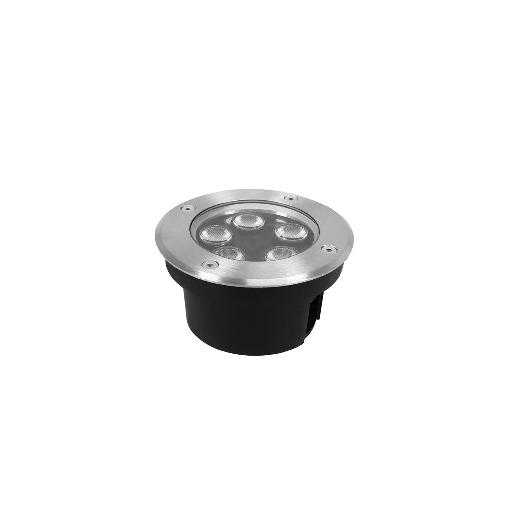 Luminario circular integrado 5W 45° luz cálida (3000K) para empotrar en piso, incluye housing de plástico de iLumileds