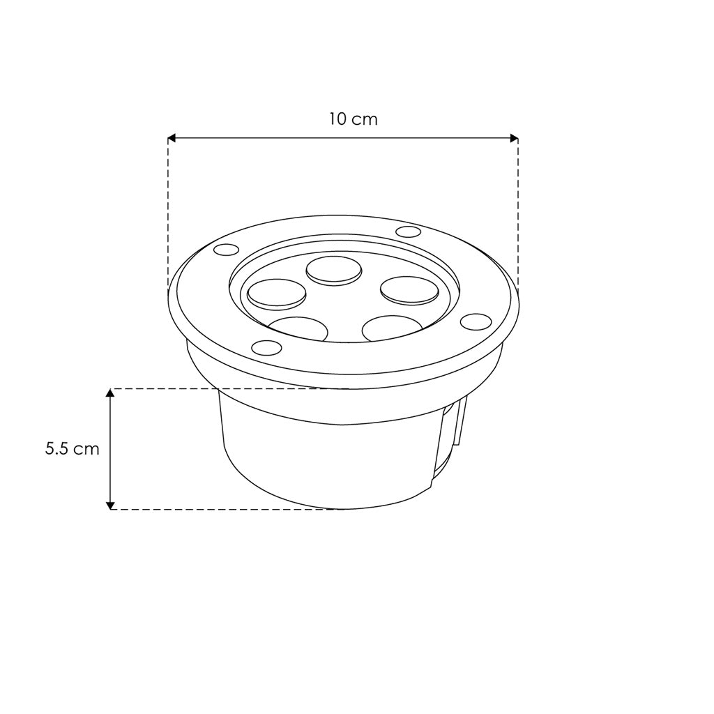 Luminario circular integrado 5W 45° luz cálida (3000K) para empotrar en piso, incluye housing de plástico de iLumileds