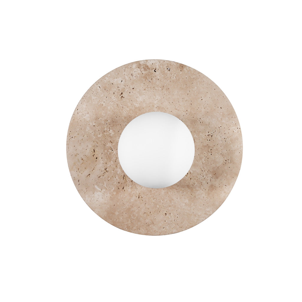 Luminario AngeLico Travertino para muro o techo fabricado en mármol acabado beige, con esfera difusa con base G9 de línea Europea iLumileds