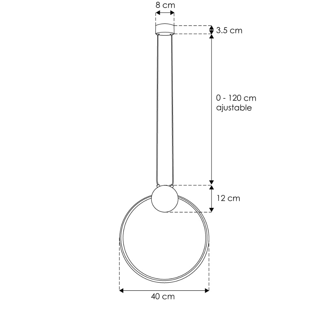 Fibo 25. Aro de luz vertical para suspender 25W luz cálida (3000K), suspensión ajustable 0-120cm de línea Europea iLumileds