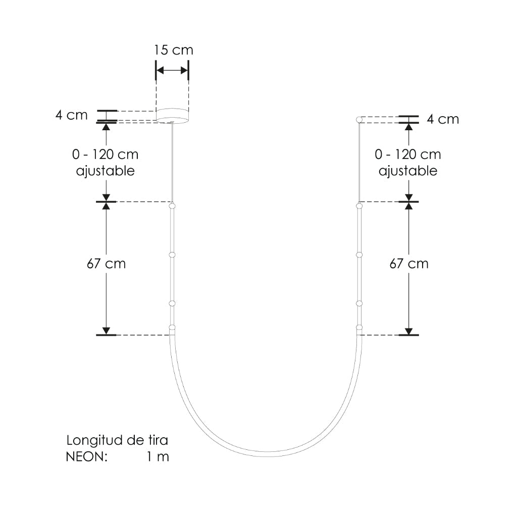 Luminario Klé neón (1m) de techo a muro + bases laterales en negro 12W luz cálida (3000K), suspensión ajustable 0 - 120cm de línea Europea iLumileds