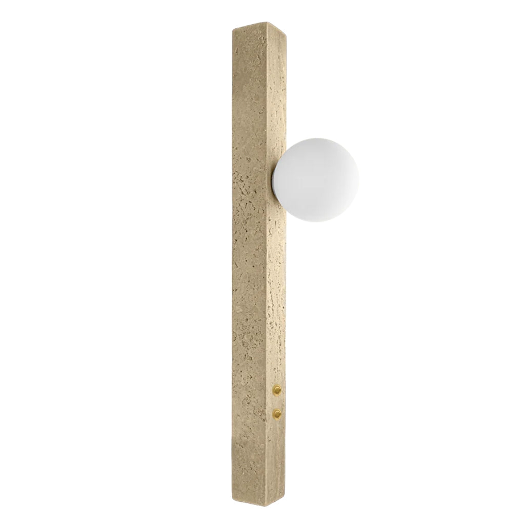 Luminario arbotante Palazzo con esfera de cristal difuso + salida directa inferior con base G9 (no incluido) incluye interruptores independientes dorados tipo botón, acabado travertino beige iLumileds