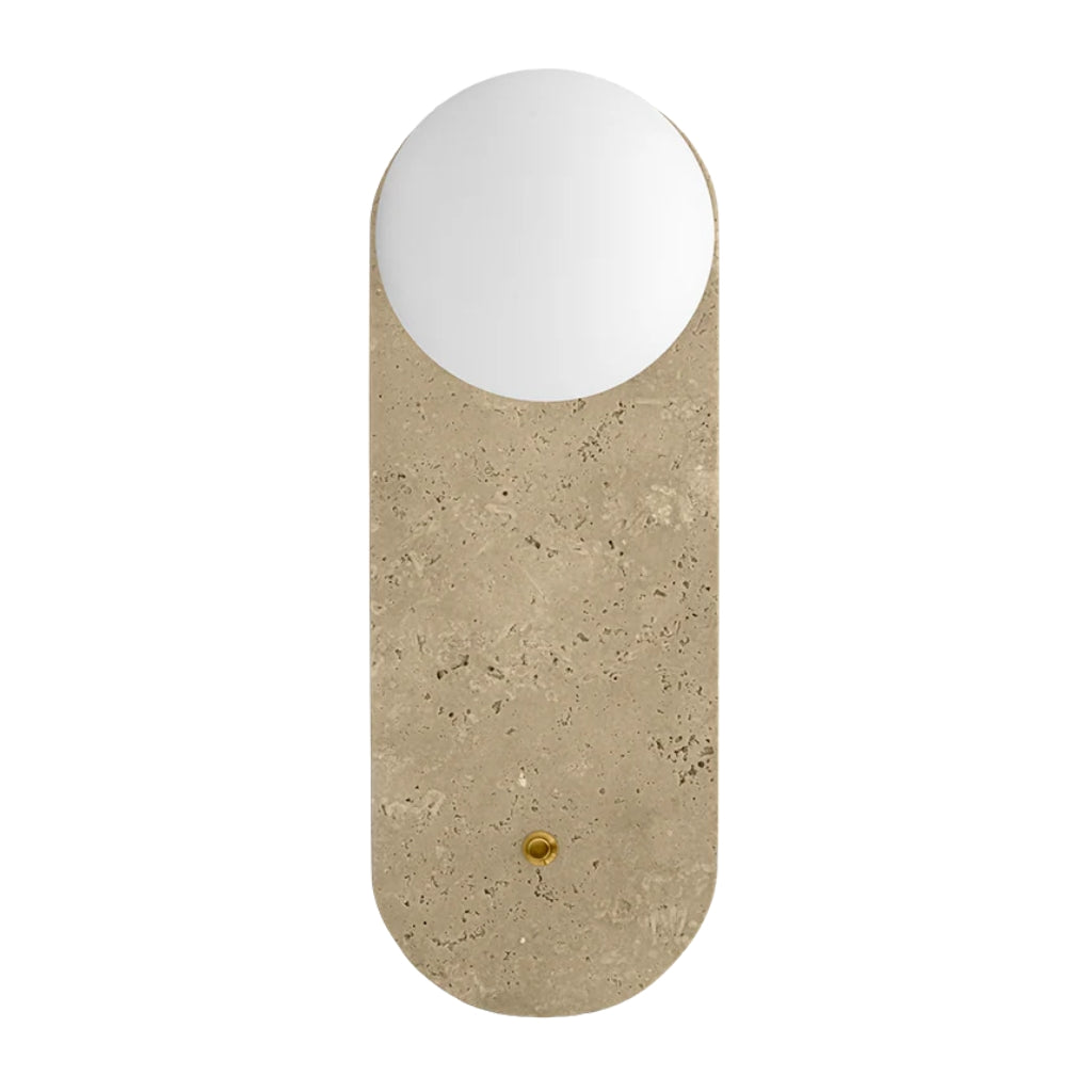Luminario arbotante Rocca con esfera de cristal difuso con base G9 (no incluido) incluye interruptor dorado tipo botón, acabado travertino beige con detalles latonados de iLumileds
