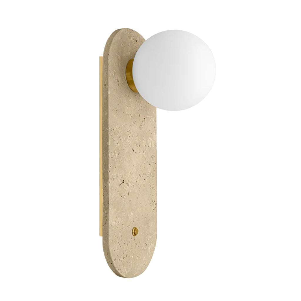 Luminario arbotante Rocca con esfera de cristal difuso con base G9 (no incluido) incluye interruptor dorado tipo botón, acabado travertino beige con detalles latonados de iLumileds