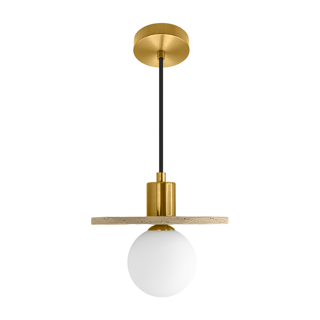 Luminario Marblea con esfera de cristal difuso con base G9 (no incluido), acabado travertino beige con detalles latonados, suspensión ajustable de 0-160cm de iLumileds