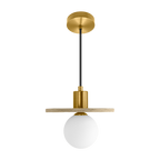 Luminario Marblea con esfera de cristal difuso con base G9 (no incluido), acabado travertino beige con detalles latonados, suspensión ajustable de 0-160cm de iLumileds