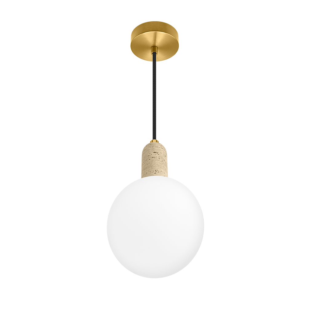 Luminario Loggia con esfera de cristal difuso con base G9 (no incluido), acabado travertino beige con detalles latonados, suspensión ajustable de 0-160cm de iLumileds