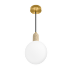Luminario Loggia con esfera de cristal difuso con base G9 (no incluido), acabado travertino beige con detalles latonados, suspensión ajustable de 0-160cm de iLumileds