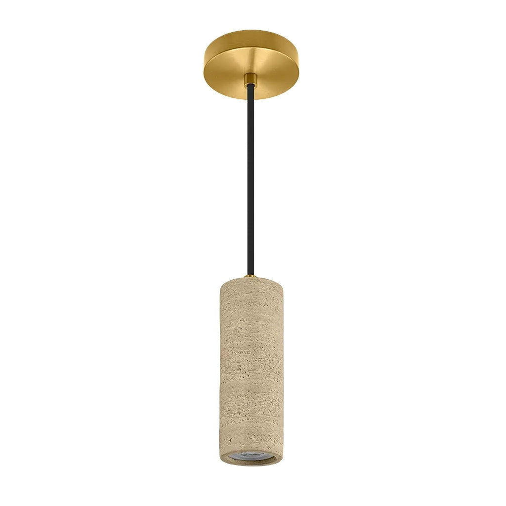 Luminario Canaletta cilíndrico, acabado travertino beige con detalles latonados, con para foco MR16 GU10 (no incluido), suspensión ajustable de 0-160cm de iLumileds
