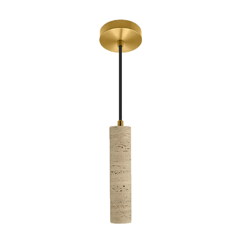 Luminario Paros cilíndrico 3W 45° luz cálida (3000K), acabado travertino beige con detalles latonados, suspensión ajustable de 0-160cm de iLumileds