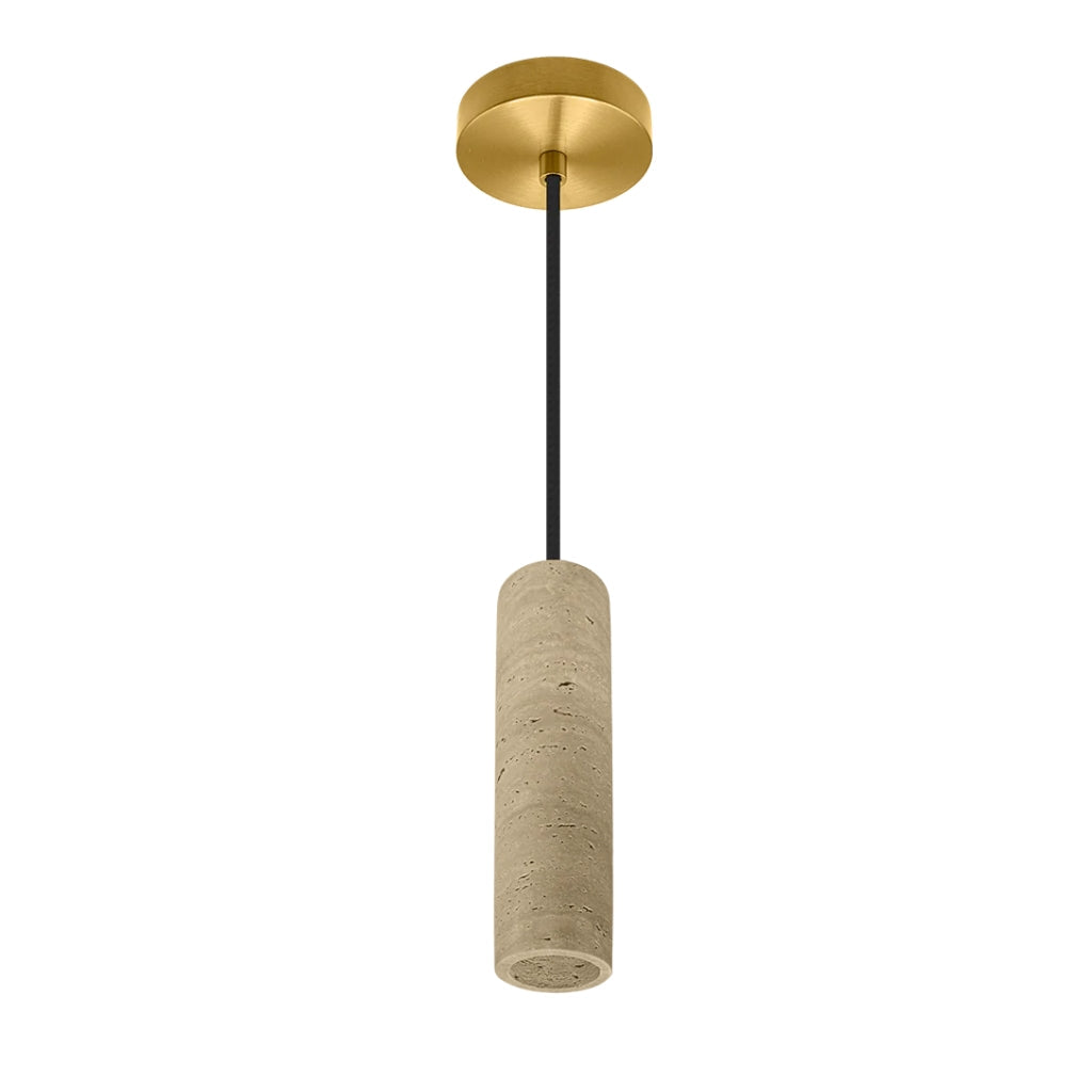 Luminario Paros cilíndrico 3W 45° luz cálida (3000K), acabado travertino beige con detalles latonados, suspensión ajustable de 0-160cm de iLumileds