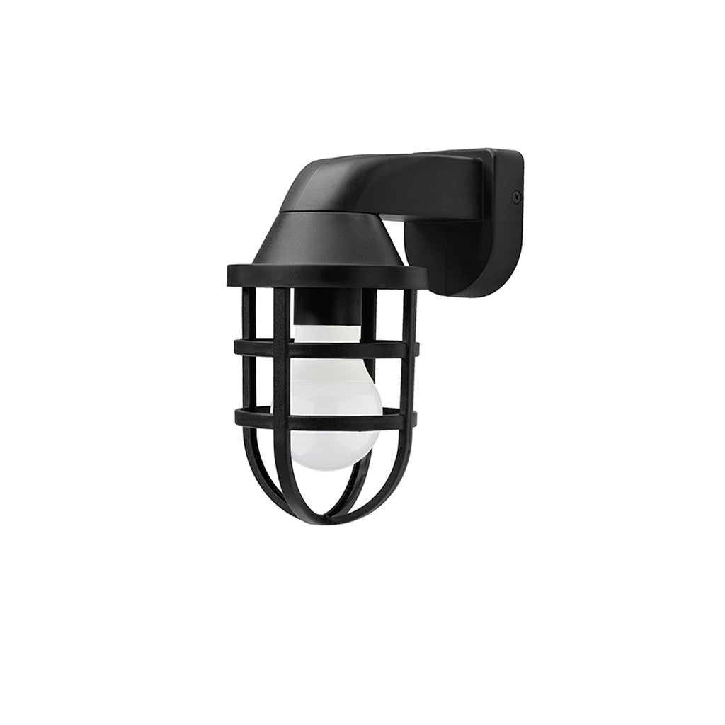 Luminario exterior arbotante tipo farol con rejilla, de policarbonato acabado negro, para lámpara E27 de iLumileds