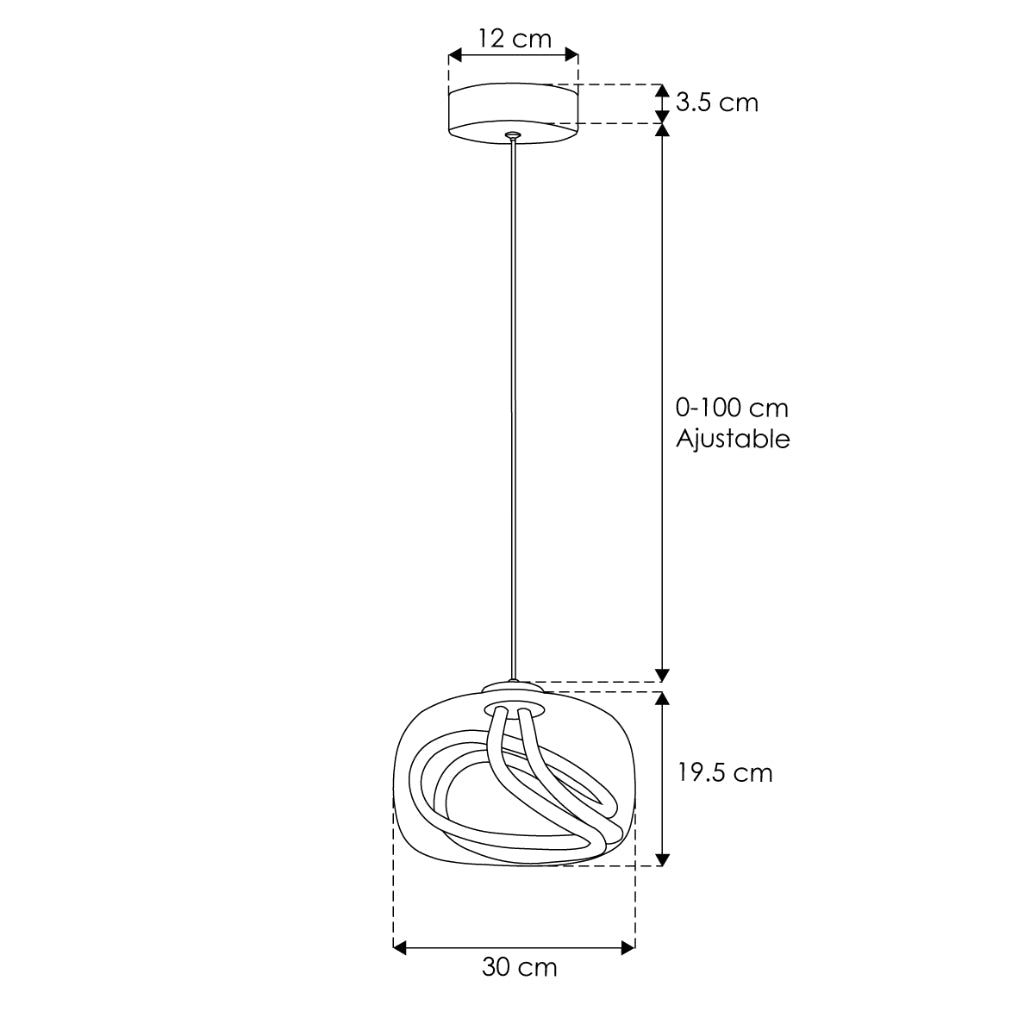 Luminario Amoriz suspender con pantalla en cristal ahumado negro, con neón LED al interior, 18W luz cálida (3000K), suspensión ajustable de 0-100cm de línea Europea iLumileds