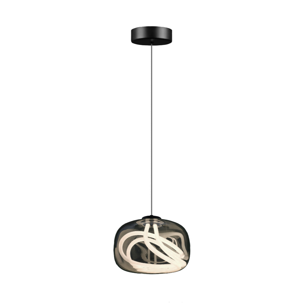 Luminario Amoriz suspender con pantalla en cristal ahumado negro, con neón LED al interior, 18W luz cálida (3000K), suspensión ajustable de 0-100cm de línea Europea iLumileds