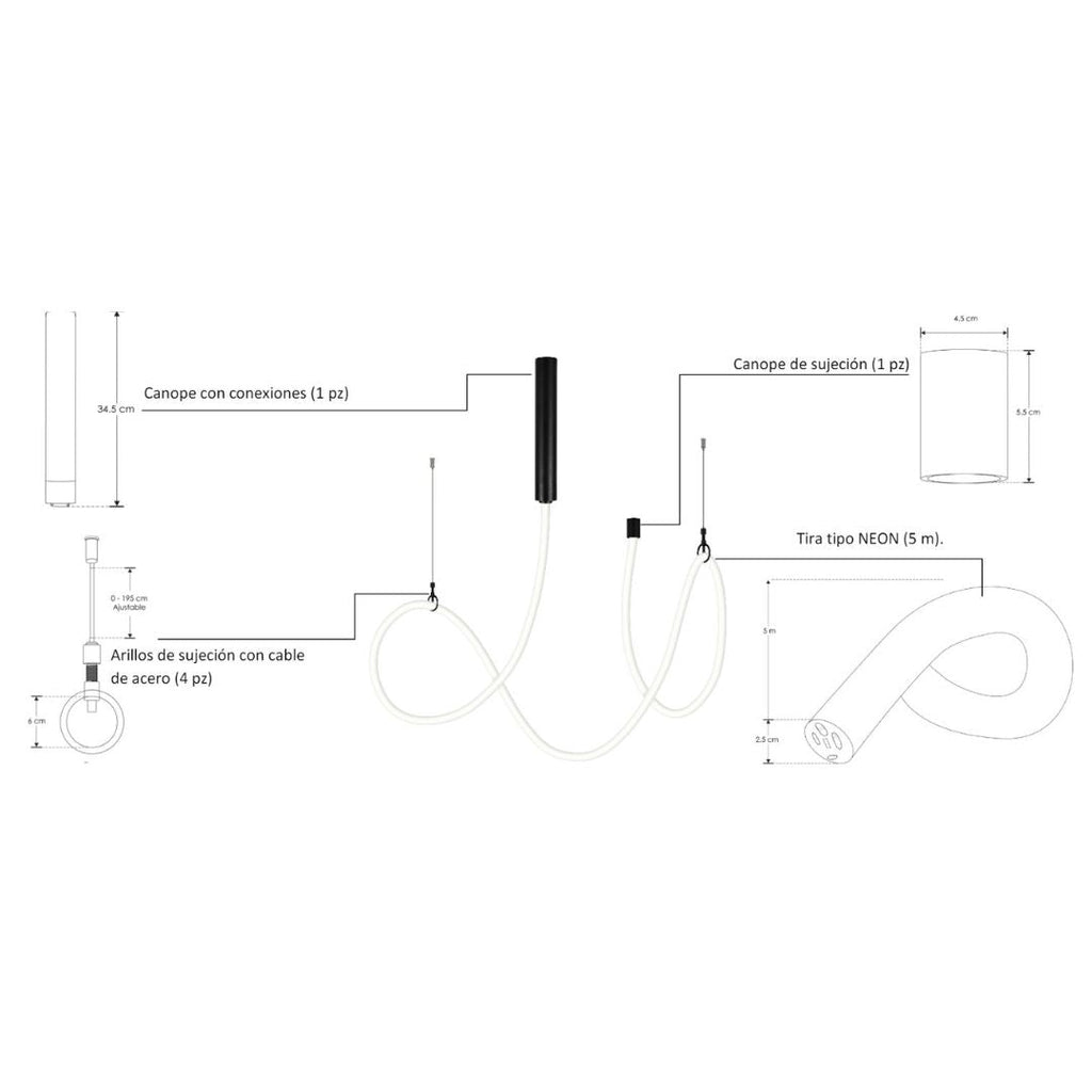 Luminario Litani suspender con tira Neon LED 90W atenuable, incluye canope y cuatro soportes de aluminio, opción color de luz 110-130V de iLumileds