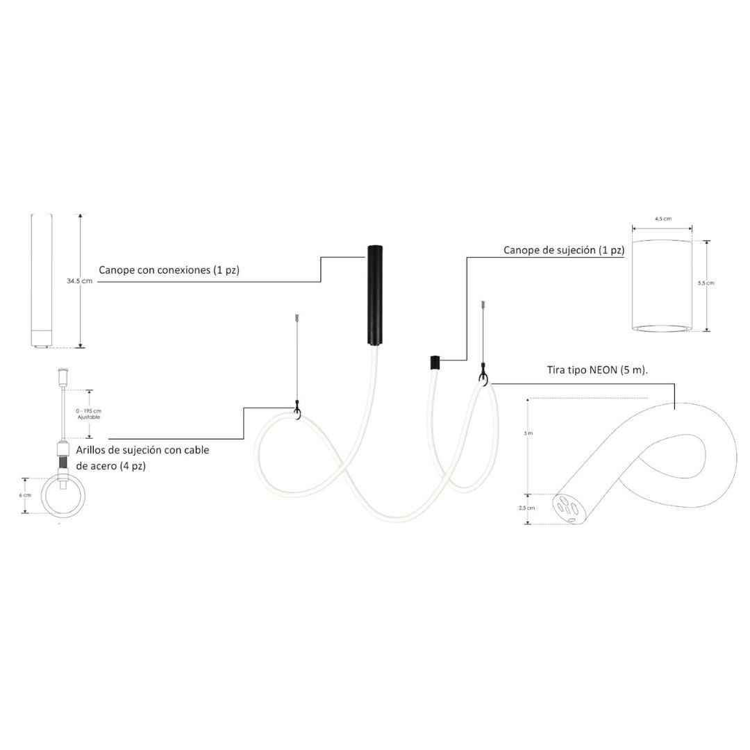 Luminario Litani suspender con tira Neon LED 90W atenuable, incluye canope y cuatro soportes de aluminio, opción color de luz 110-130V de iLumileds
