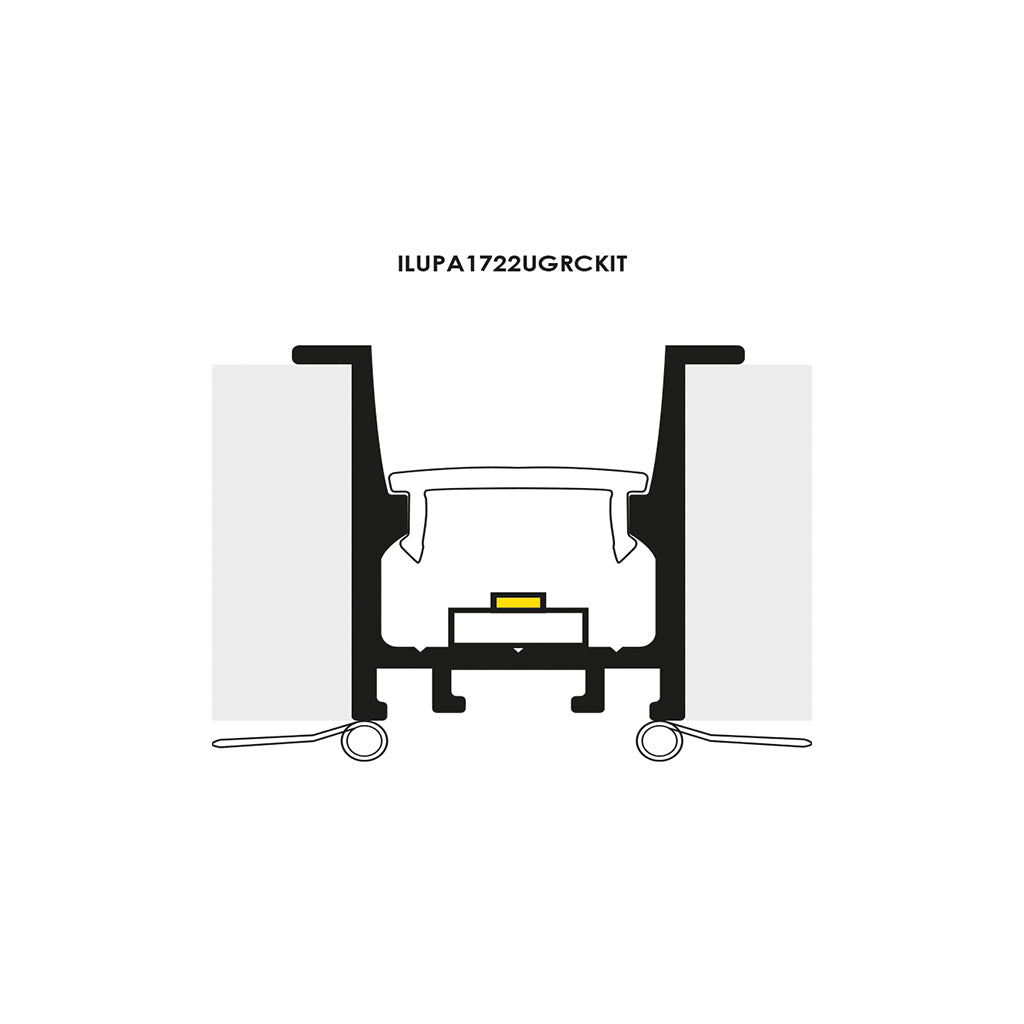 Kit de perfil de bajo deslumbramiento con difusor remetido con ceja ILUPA1722UGRCKIT -L:2m Al:2.2cm A:1.7cm- para tira LED, incluye difusor negro traslucido, 2 tapas laterales y 2 resortes sujeción de iLumileds
