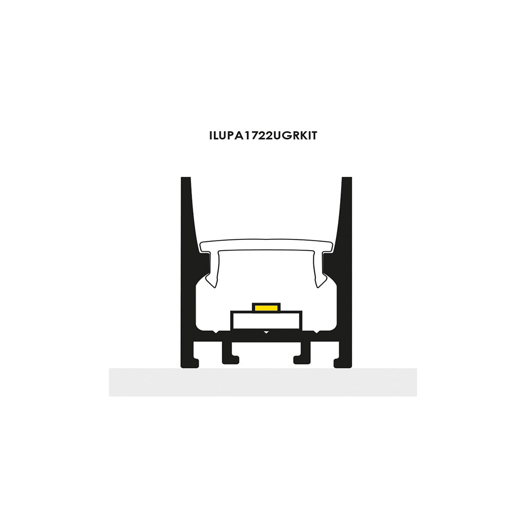 Kit de perfil de bajo deslumbramiento con difusor remetido ILUPA1722UGRKIT -L:2m Al:2.2cm A:1.7cm- para tira LED, incluye difusor opalino, 2 tapas laterales y 2 grapas sujeción de iLumileds