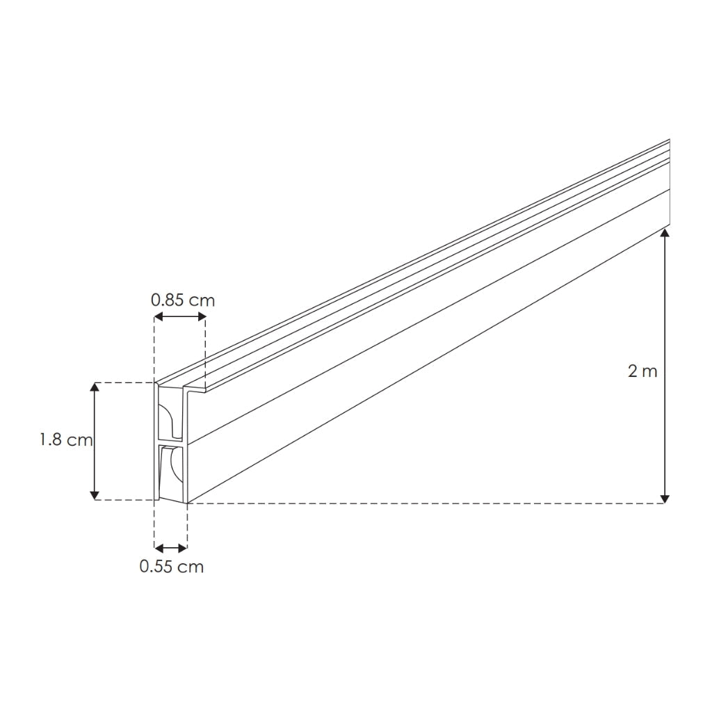 Kit perfil aluminio repisero con doble salida de luz con ceja para colocar al fondo de las repisas -L:2m A:0.85cm Al:1.8cm- incluye mica difusa de iLumileds