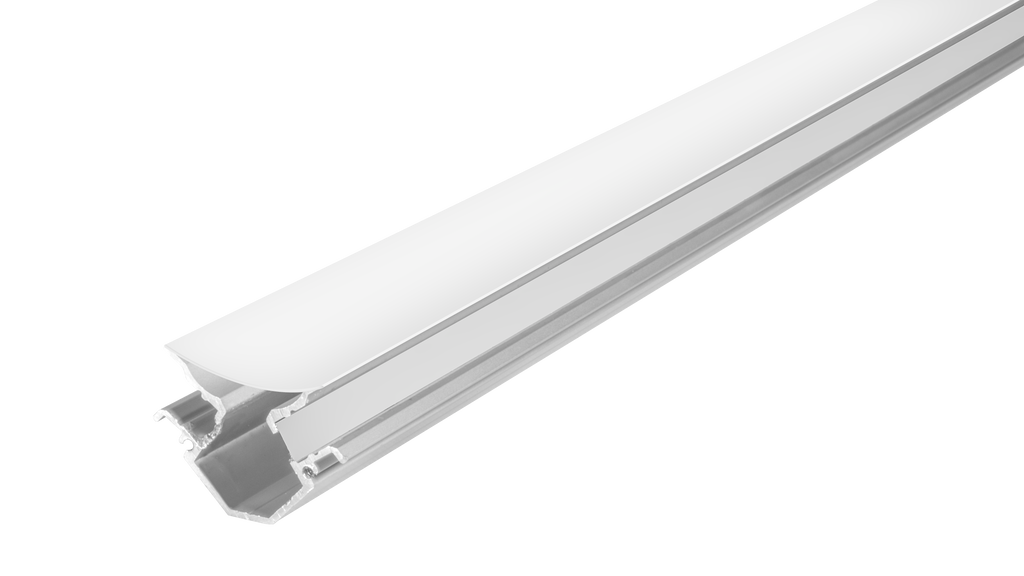 Kit de perfil de aluminio sobreponer esquinero doble salida de luz ILUPA191WKIT. -L:2m A:4.3cm Al:3cm- para tira LED, incluye difusor acrílico, 2 tapas laterales y 2 grapas de sujeción
