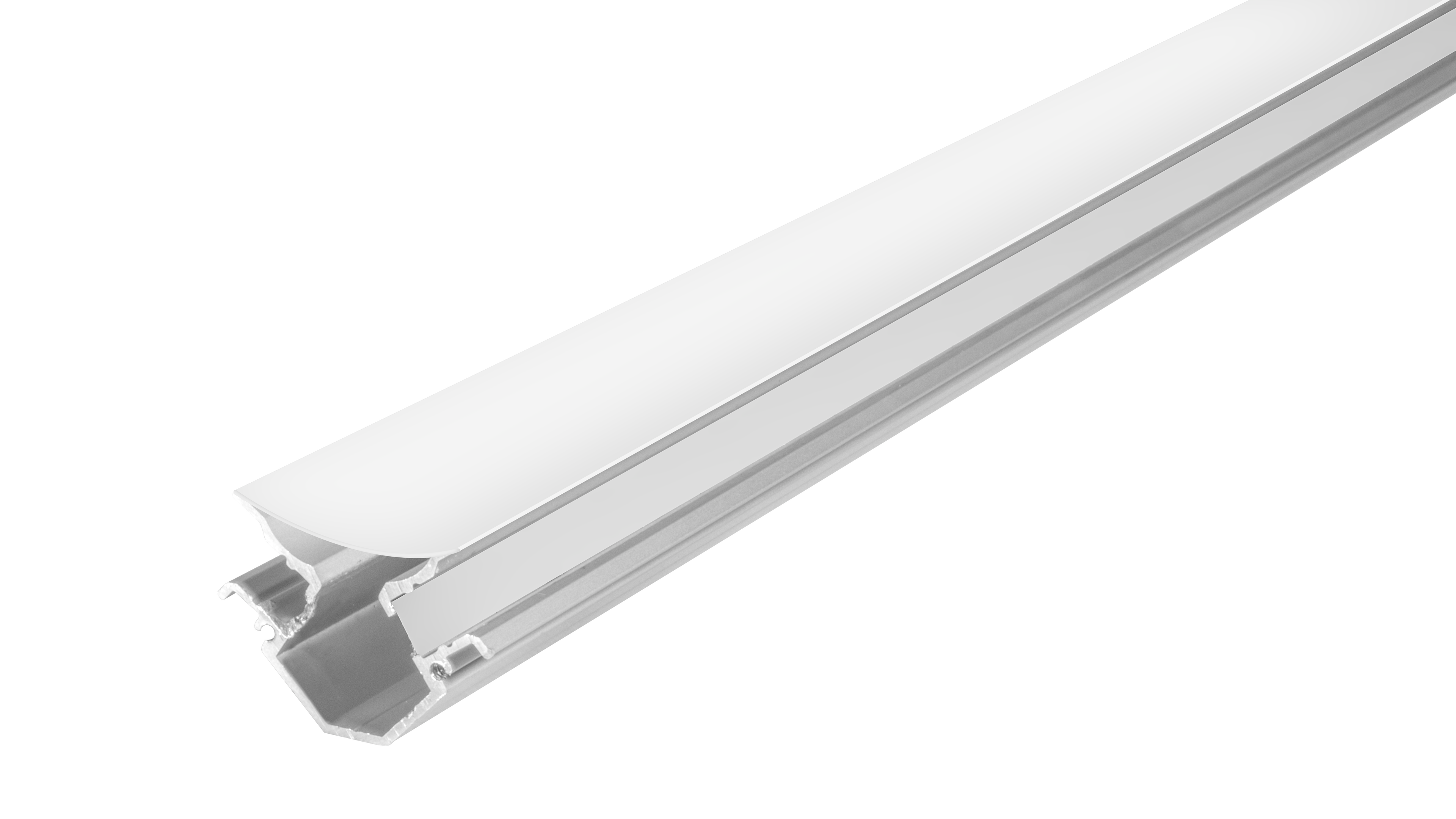 Kit de perfil de aluminio sobreponer esquinero doble salida de luz ILUPA191WKIT. -L:2m A:4.3cm Al:3cm- para tira LED, incluye difusor acrílico, 2 tapas laterales y 2 grapas de sujeción