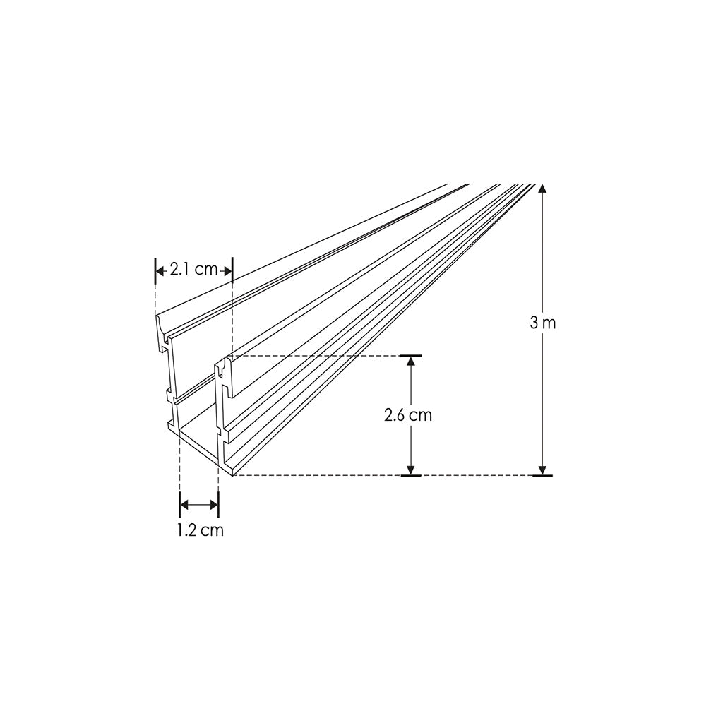 Kit de perfil de aluminio para empotrar en piso en exteriores ILUPA2216KIT. -L:3m A:2.1cm Al:2.6cm- para tira LED incluye, difusor acrílico, 2 tapas laterales de iLumileds