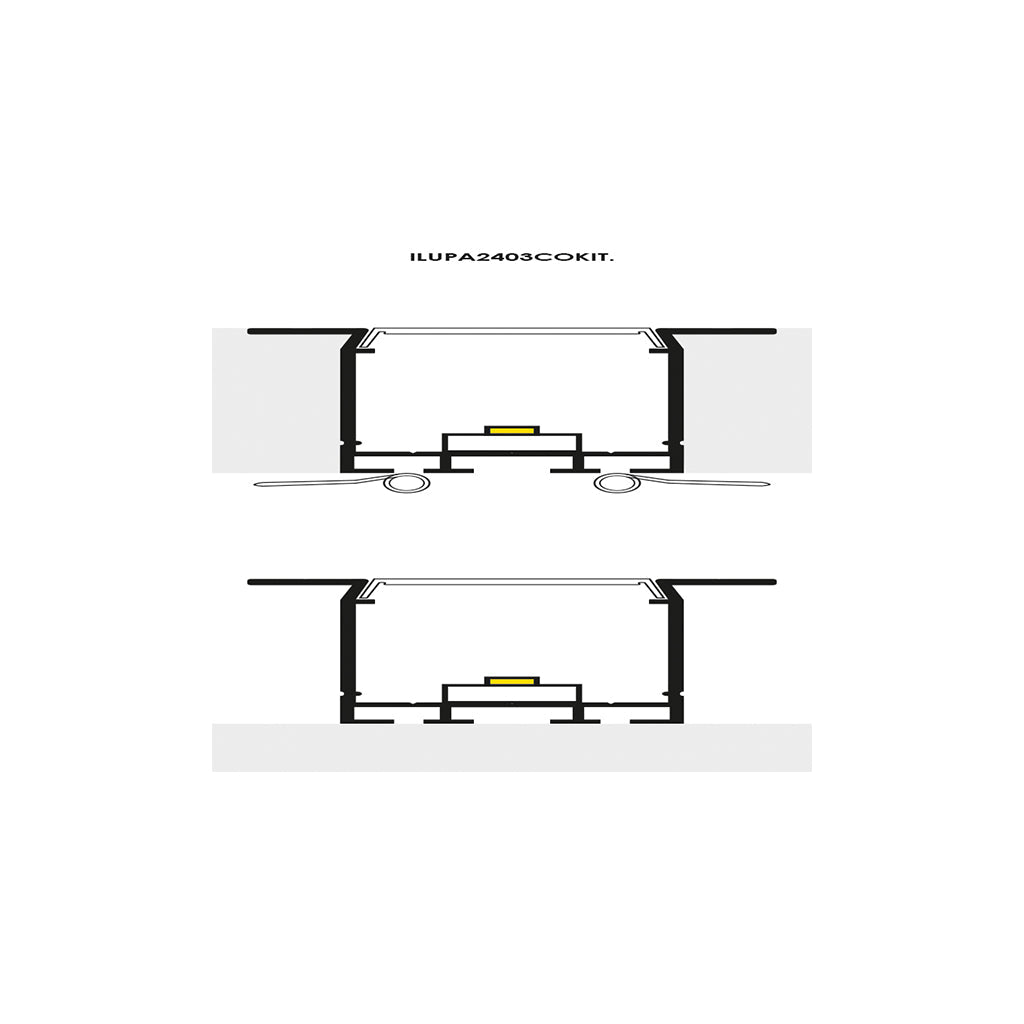 Kit de perfil de alumino con ceja para empotrar SIN DIFUSOR ILUPA2403COKIT. -L:2m A:2.3/4cm Al:2.6m- para tiras LED o tarjetas de LED recomendadas, incluye 2 tapas laterales, 2 grapas y 2 resortes de sujeciónde iLumileds