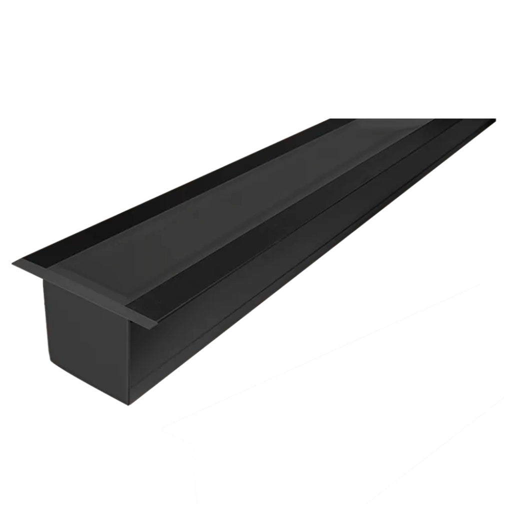 Kit de perfil de alumino acabado negro con ceja para empotrar SIN DIFUSOR ILUPA2403CONKIT. -L:2m A:2.3/4cm Al:2.6m- para tiras LED o tarjetas de LED recomendadas, incluye 2 tapas laterales, 2 grapas y 2 resortes de sujeciónde iLumileds