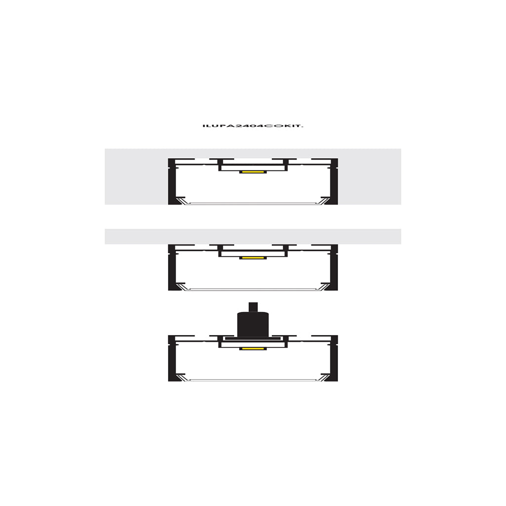 Kit de perfil de alumino SIN MICA ILUPA2404COKIT. -L:2m A:2.6cm Al:2.6m- para tiras LED o tarjetas de LED recomendadas, incluye 2 tapas laterales y 2 grapas de sujeciónde iLumileds