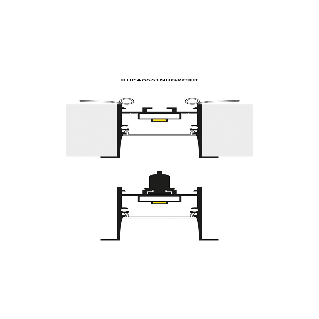 Kit de perfil large de bajo deslumbramiento con difusor remetido con ceja ILUPA3551NUGRCKI -L:2m A:4.5cm Al:5.1cm- para tira LED, incluye difusor negro traslucido, 2 tapas laterales y 2 resortes sujeción de iLumileds