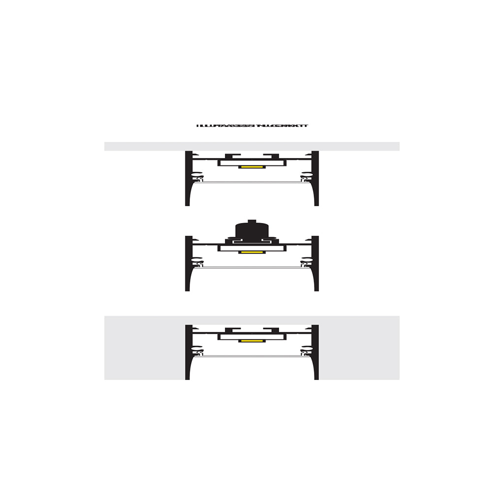 Kit de perfil mediano de bajo deslumbramiento con difusor remetido ILUPA3551NUGRKIT -L:2m A:3.5cm Al:5.1cm- para tira LED, incluye difusor negro traslucido, 2 tapas laterales y 2 kit de grapas de iLumileds