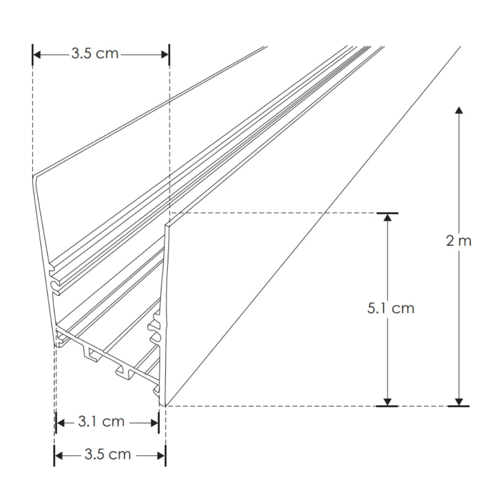 Kit de perfil large de bajo deslumbramiento con difusor remetido con ceja ILUPA3551NUGRCKI -L:2m A:4.5cm Al:5.1cm- para tira LED, incluye difusor negro traslucido, 2 tapas laterales y 2 resortes sujeción de iLumileds