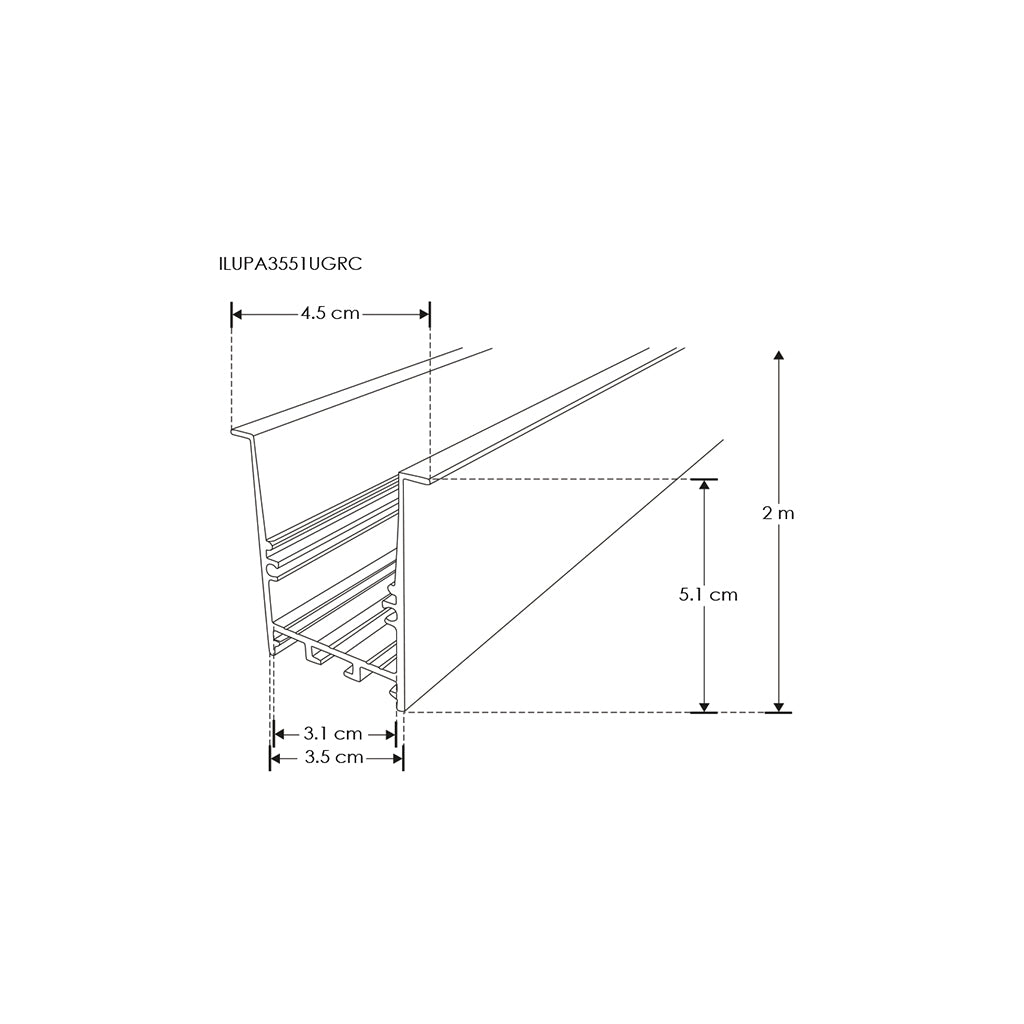 Kit de perfil grande de bajo deslumbramiento con difusor remetido con ceja ILUPA3551UGRCKIT -L:2m A:4.5cm Al:5.1cm- para tira LED, incluye difusor opalino, 2 tapas laterales y 2 resortes sujeción de iLumileds