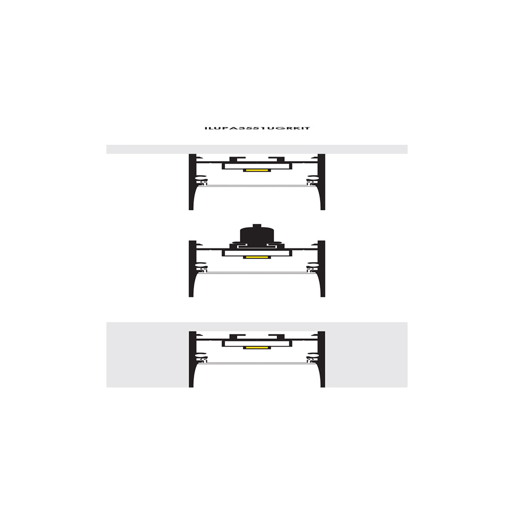 Kit de perfil mediano de bajo deslumbramiento con difusor remetido ILUPA3551UGRKIT -L:2m A:3.5cm Al:5.1cm- para tira LED, incluye difusor opalino, 2 tapas laterales y 2 grapas de metal para sujeción de iLumileds