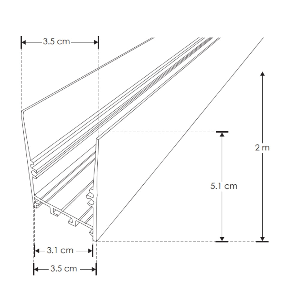 Kit de perfil mediano de bajo deslumbramiento con difusor remetido ILUPA3551UGRKIT -L:2m A:3.5cm Al:5.1cm- para tira LED, incluye difusor opalino, 2 tapas laterales y 2 grapas de metal para sujeción de iLumileds