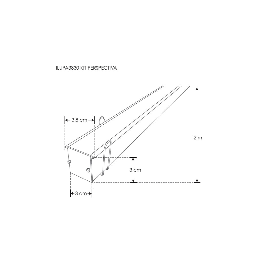 Kit perfil aluminio grande ceja delgada ILUPA3830KIT. -L:2m A:3/3.8cm Al:3cm- incluye difusor, tapas laterales y resortes de sujeción iLumileds