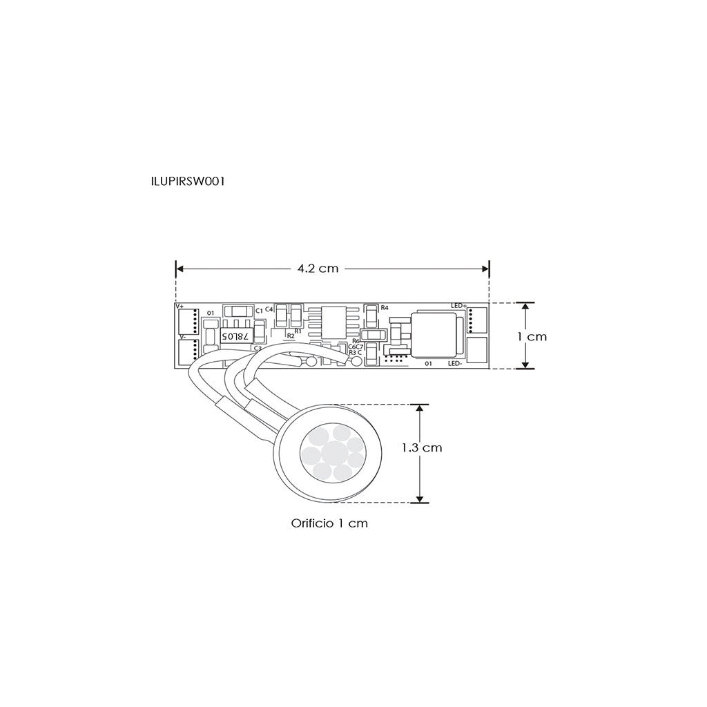 Sensor PIR ON-OFF para tira LED conecta hasta 72W/12Vcc - 144W/24Vcc, PCB incluye sensor con cable de iLumileds