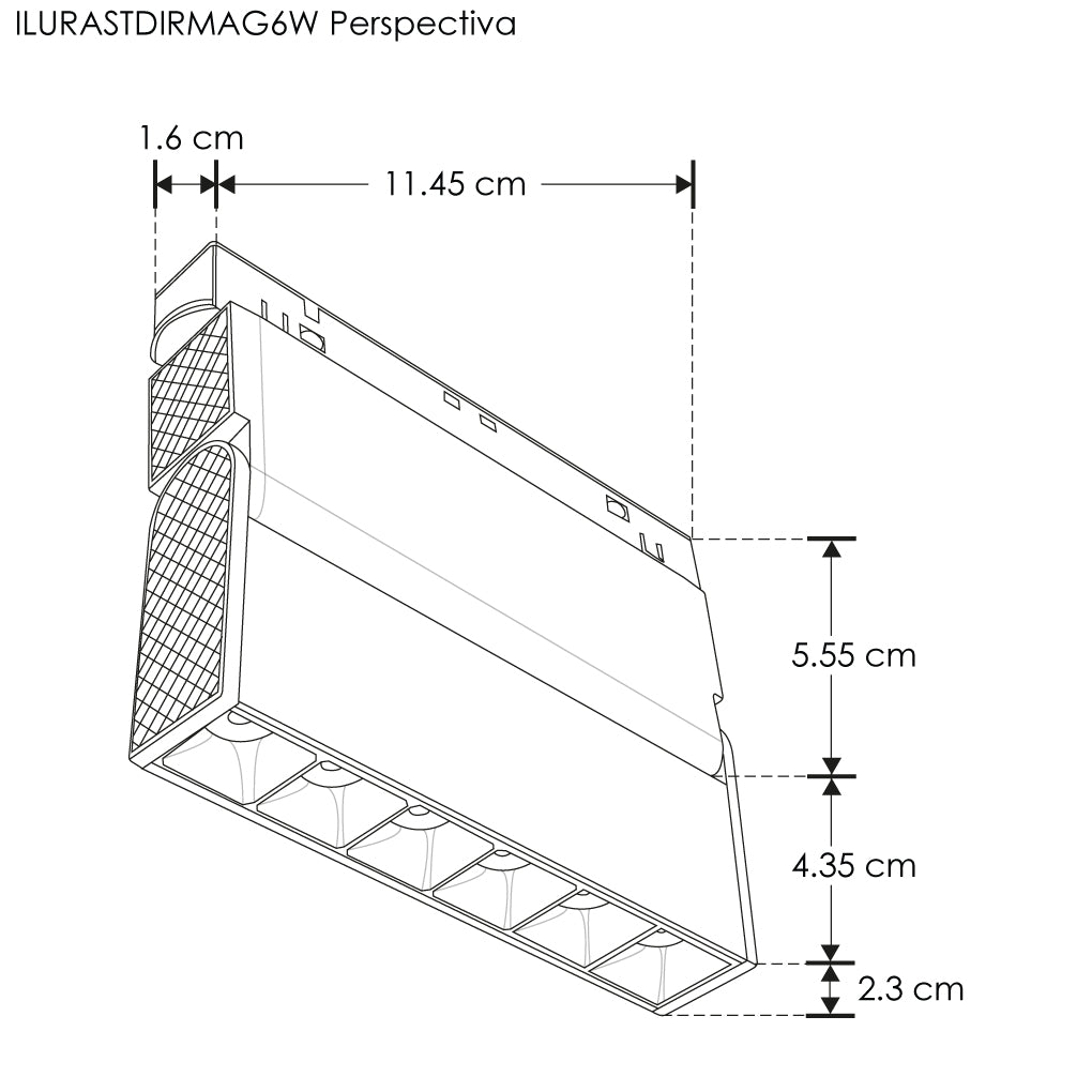 Luminario tipo rectangular puntual dirigible 6W 24° 6 cuerpos ópticos 48V 3000K para riel magnético de iLumileds