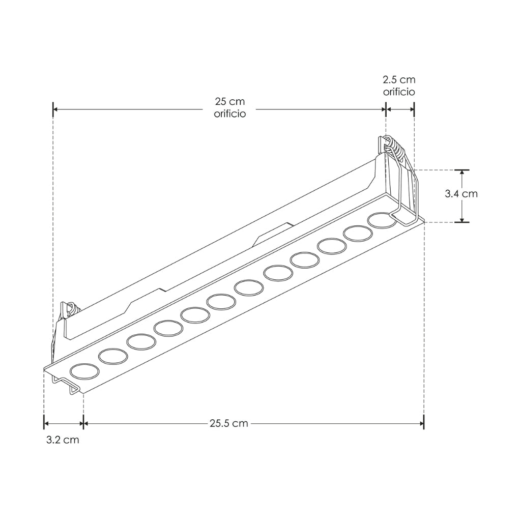 Luminario rectangular slim puntual 18W 36° CRI90 bajo deslumbramiento, todo blanco con 12 cuerpos, opciones color de luz 85-277V de iLumileds