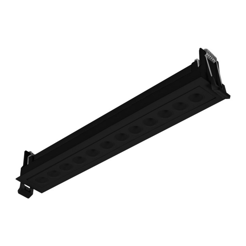 Luminario  rectangular dirigible slim puntual 18W 36° CRI90 bajo deslumbramiento, todo negro con 12 cuerpos, opciones color de luz 85-277V de iLumileds