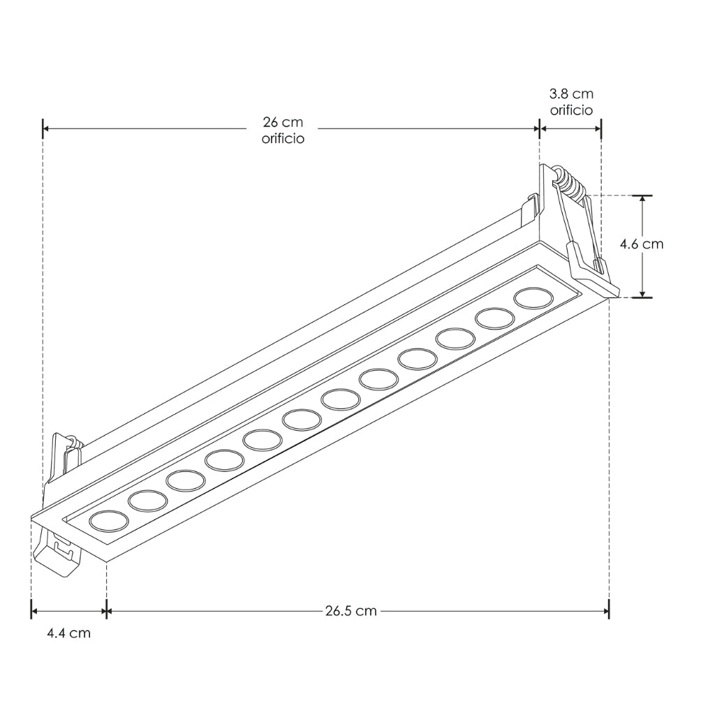 Luminario  rectangular dirigible slim puntual 18W 36° CRI90 bajo deslumbramiento, todo blanco con 12 cuerpos, opciones color de luz 85-277V de iLumileds